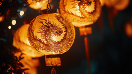 A close-up of glowing Chinese lanterns with intricate dragon designs, surrounded by darkness.の素材