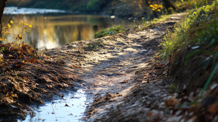 An otter trail left on a muddy bank, leading to a clear river in the background.の素材