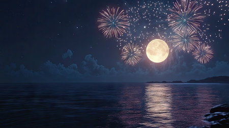 Fireworks illuminating the sky, with a radiant supermoon casting a calm glow on the dark horizon.の素材