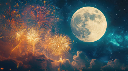 Fireworks shooting up near a massive supermoon, filling the sky with colorful patterns and intense, glowing detail.の素材