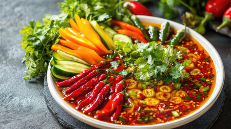 A colorful arrangement of chili slices in fish sauce, served with fresh herbs and vegetables.の素材