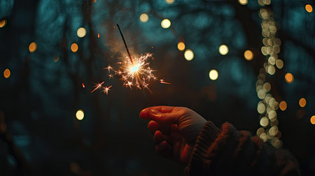 A close-up of a hand holding a lit sparkler against a backdrop of glowing fairy lights.の素材