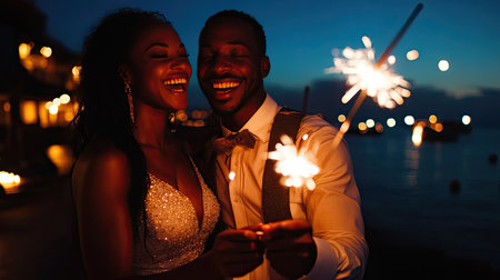 A couple laughing and holding sparklers at a romantic New Year's Eve dinner by the seaside.の素材