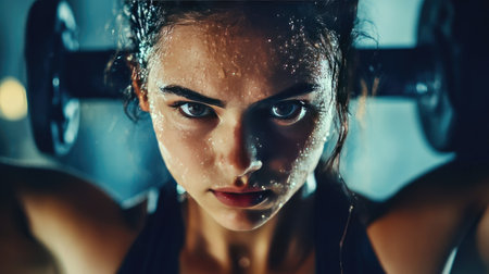 A determined girl with sweat droplets on her forehead, lifting weights in a gym.の素材