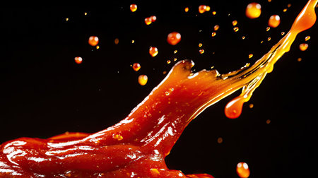 A burst of ketchup flying upward, creating a vivid pattern of droplets and streaks in the air.の素材