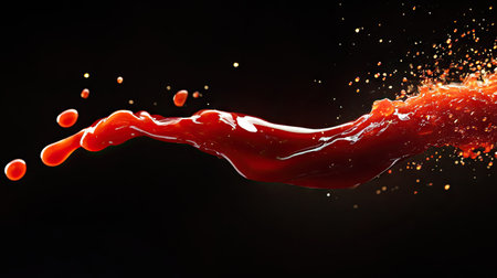 A burst of tomato ketchup in mid-air, forming an abstract design with motion trails.の素材