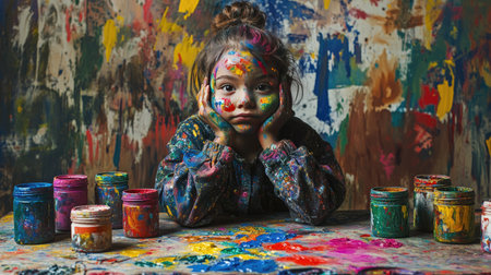 A creative child surrounded by paint jars, her face and arms covered in multicolored streaks.の素材