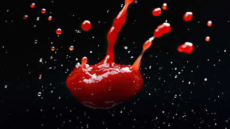 A dramatic splash of ketchup flying against a black background, with droplets suspended in sharp clarity.の素材