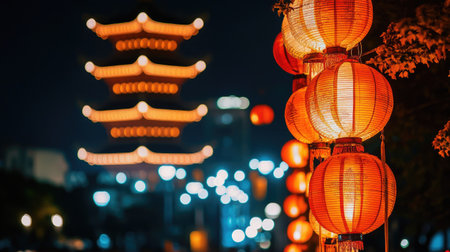 A cultural event at night showcasing vibrant Chinese lanterns and a glowing pagoda in the background.の素材