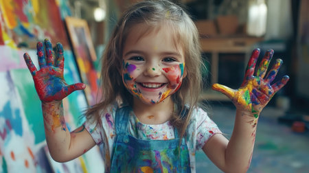 A cheerful little girl with multicolored paint stains on her hands and face, standing in a sunny art studio.の素材