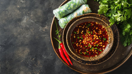 A bowl of fish sauce with thinly sliced chilies, placed beside fresh spring rolls on a platter.の素材