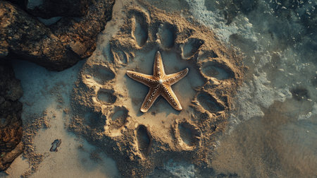 A creative composition of footprints encircling a starfish in the sand.の素材