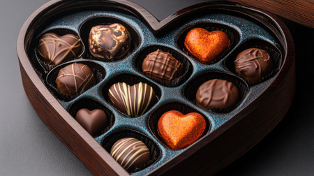 A close-up of an opened heart-shaped box revealing decadent chocolates in intricate designs.の素材