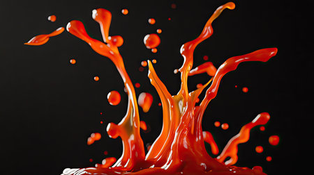 A creative shot of ketchup splashing upward, forming abstract loops and curves in the air.の素材