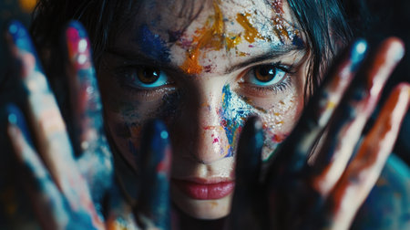 A close-up of a girl's hands covered in wet paint, her face smudged with colors.の素材