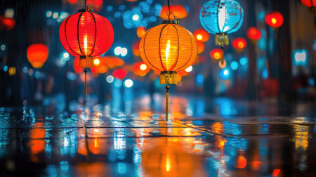 A dramatic view of brightly lit Chinese lanterns reflecting on wet pavement during a nighttime drizzle.の素材