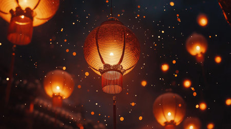 A close-up of traditional Chinese lanterns glowing warmly against a dark, starry sky.の素材