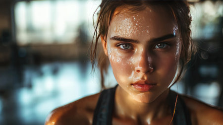 A determined girl with sweat glistening on her face after an intense workout in the gym.の素材