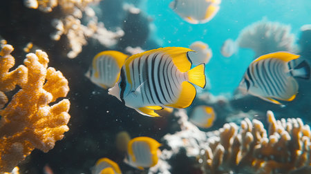 A close view of a school of butterflyfish swimming amidst vibrant coral reefs in clear blue waters.の素材