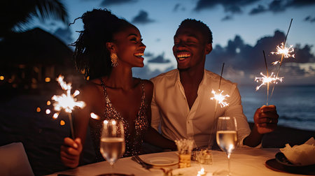 A couple laughing and holding sparklers at a romantic New Year's Eve dinner by the seaside.の素材