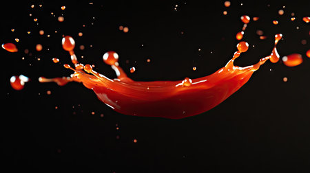 A dramatic splash of ketchup flying against a black background, with droplets suspended in sharp clarity.の素材