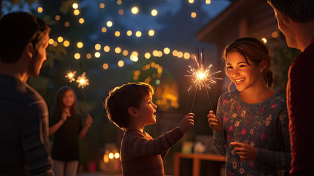 A child holding a sparkler while standing with family members in a cozy outdoor celebration.の素材