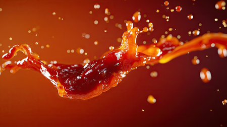 A creative shot of ketchup splashing upward, forming abstract loops and curves in the air.の素材