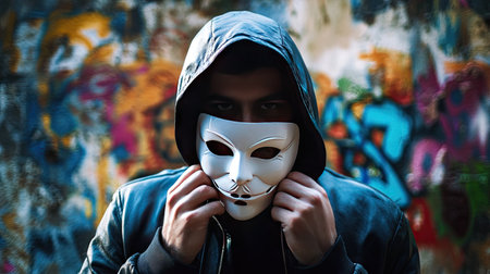 A dramatic shot of a hooded man holding a white mask in front of his chest, against a graffiti-covered wall.の素材