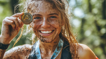 A girl with sweat and dirt on her face, triumphantly holding up a trail running medal.の素材