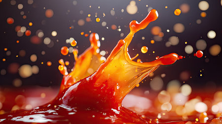 A ketchup splash flying in all directions, creating a vibrant burst of red color.の素材