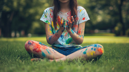 A girl sitting on a grassy lawn, multicolored paint streaks covering her hands and shirt.の素材