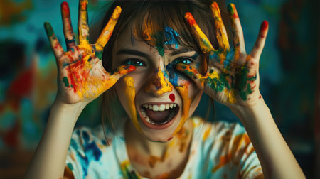 A girl enthusiastically painting with her fingers, her face and clothes splattered with colors.の素材