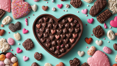 A flat lay of a heart-shaped chocolate box surrounded by love-themed decorations and sweets.の素材