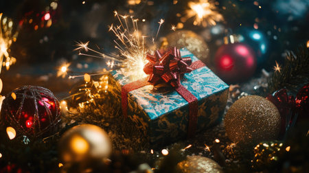 A festive New Year gift box with colorful wrapping, nestled among holiday decorations and sparklers.の素材