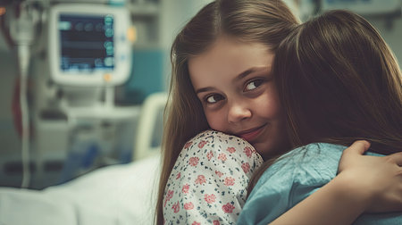 A girl hugging her mother tightly in a hospital room, a moment filled with love and comfort.の素材