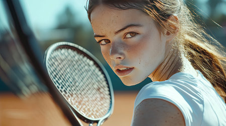 A girl with visible sweat on her face, focused as she swings a tennis racket on a sunny court.の素材