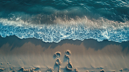 A fresh set of footprints disappearing as waves wash over the sand.の素材