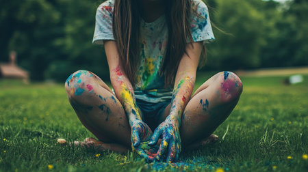 A girl sitting on a grassy lawn, multicolored paint streaks covering her hands and shirt.の素材