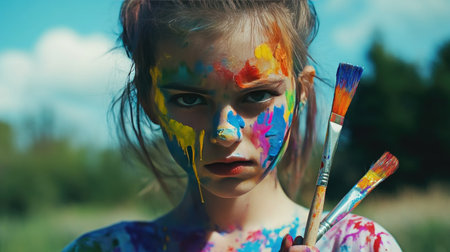 A girl outdoors, holding a dripping paintbrush, her clothes and face a riot of colors.の素材