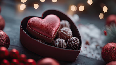 A half-open heart-shaped chocolate box with wrapped candies inside, displayed on a festive background.の素材
