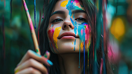 A girl outdoors, holding a dripping paintbrush, her clothes and face a riot of colors.の素材