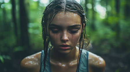 A girl with sweat dripping down her face, catching her breath after an uphill run in a forest.の素材