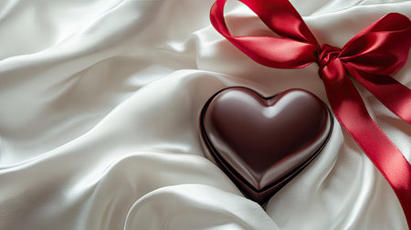 A glossy heart-shaped box of chocolates, tied with a red ribbon, placed on a white satin fabric.の素材