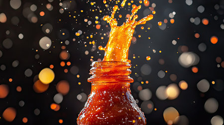 A high-speed capture of ketchup splashing upward from a bottle, droplets beautifully frozen.の素材