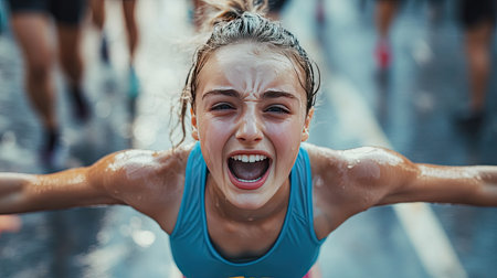 A girl with sweat running down her temples, looking victorious after crossing a marathon finish line.の素材