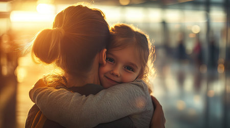 A heartfelt moment as a little girl hugs her mother goodbye at an airport terminal.の素材