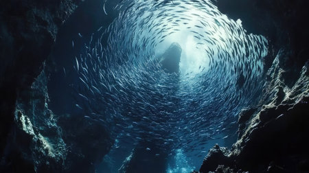 A mesmerizing view of a school of fish forming a vortex near an underwater rock formation.の素材