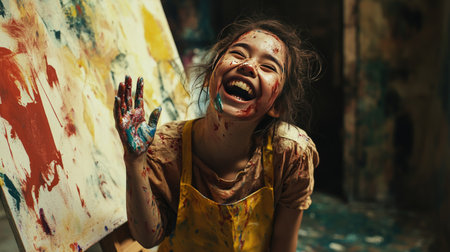A joyful girl in a paint-streaked apron, holding up a handprint painting.の素材
