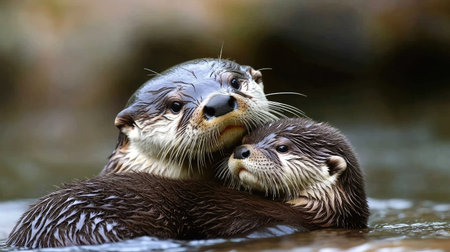 A mother otter gently grooming her pup while resting by a calm riverbed.の素材