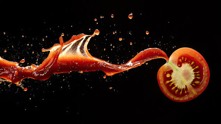 A ketchup splash intertwined with a falling tomato slice, both captured mid-motion.の素材